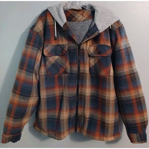 American Outback Mens Size Medium Sherpa Lined Fleece Plaid Flannel Jacket Hood - Picture 1 of 7
